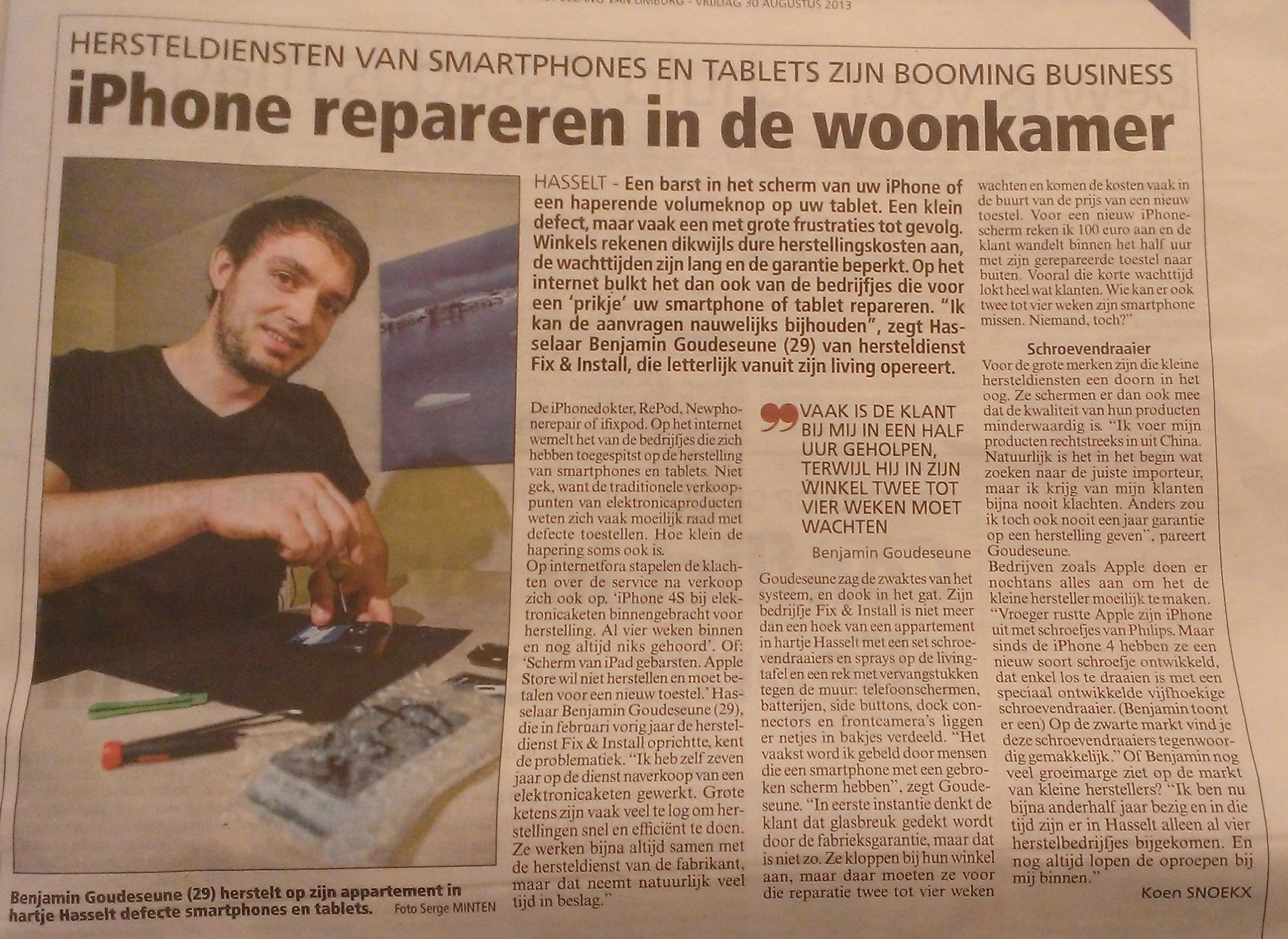 Artikel over Fix & Install in Het Belang van Limburg